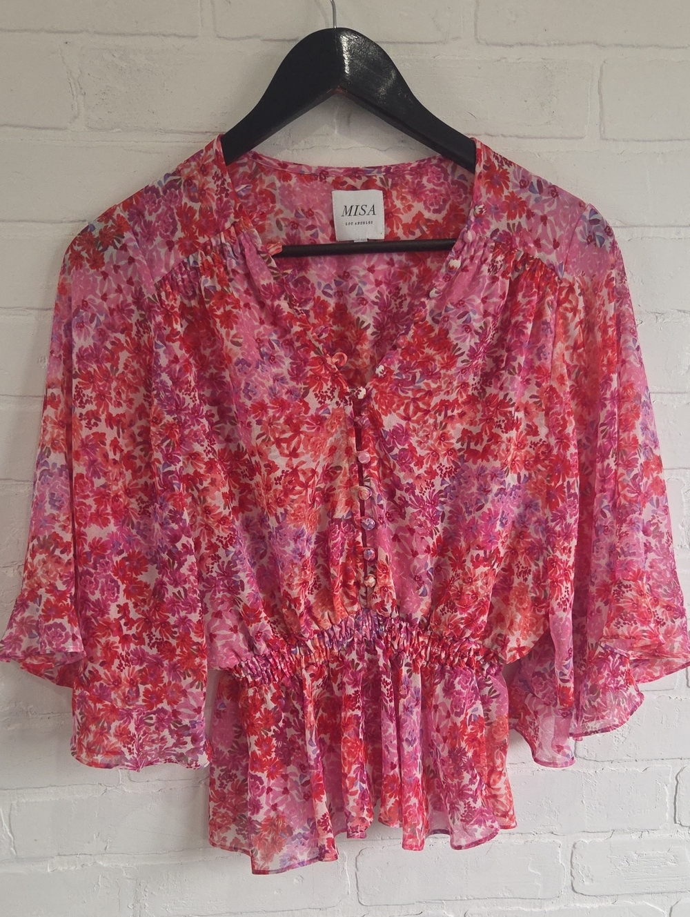 Misa Los Angeles Pink Red Floral Peasant Blouse